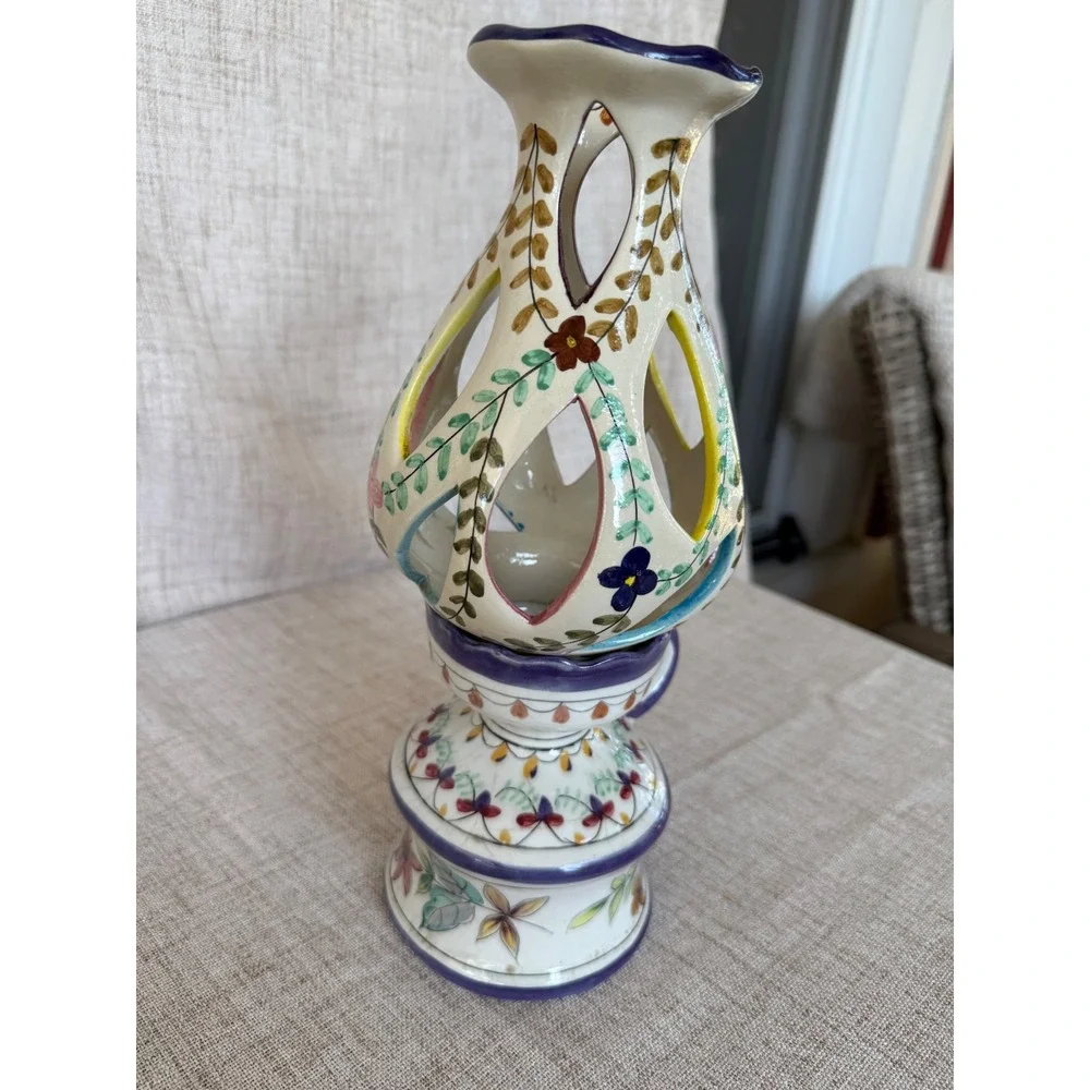 Brilho e Arte Candle Holder Portugal Ceramic Blue Floral Vintage Excellent